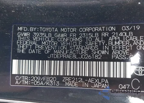 2020 Toyota Corolla Le from USA, damaged, VIN JTDEPRAE8LJ026182